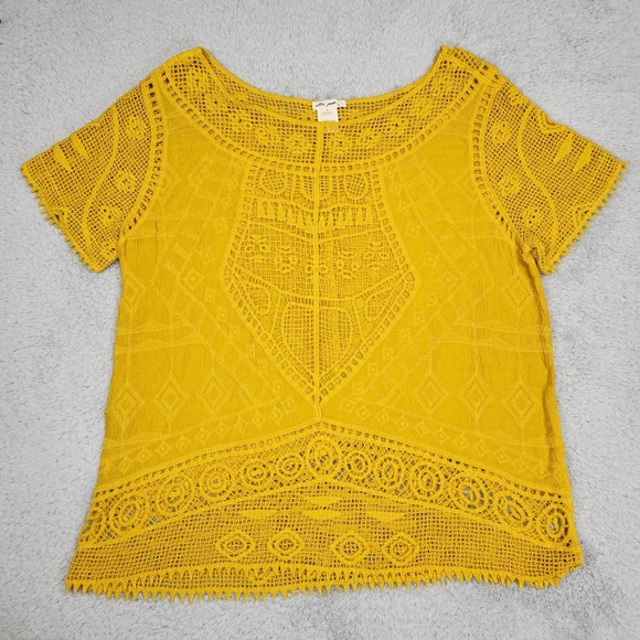 Ultra Pink Tops - Ultra Pink Blouse Womens Medium Yellow Crochet Embroidered Boho Scoop Neck Top